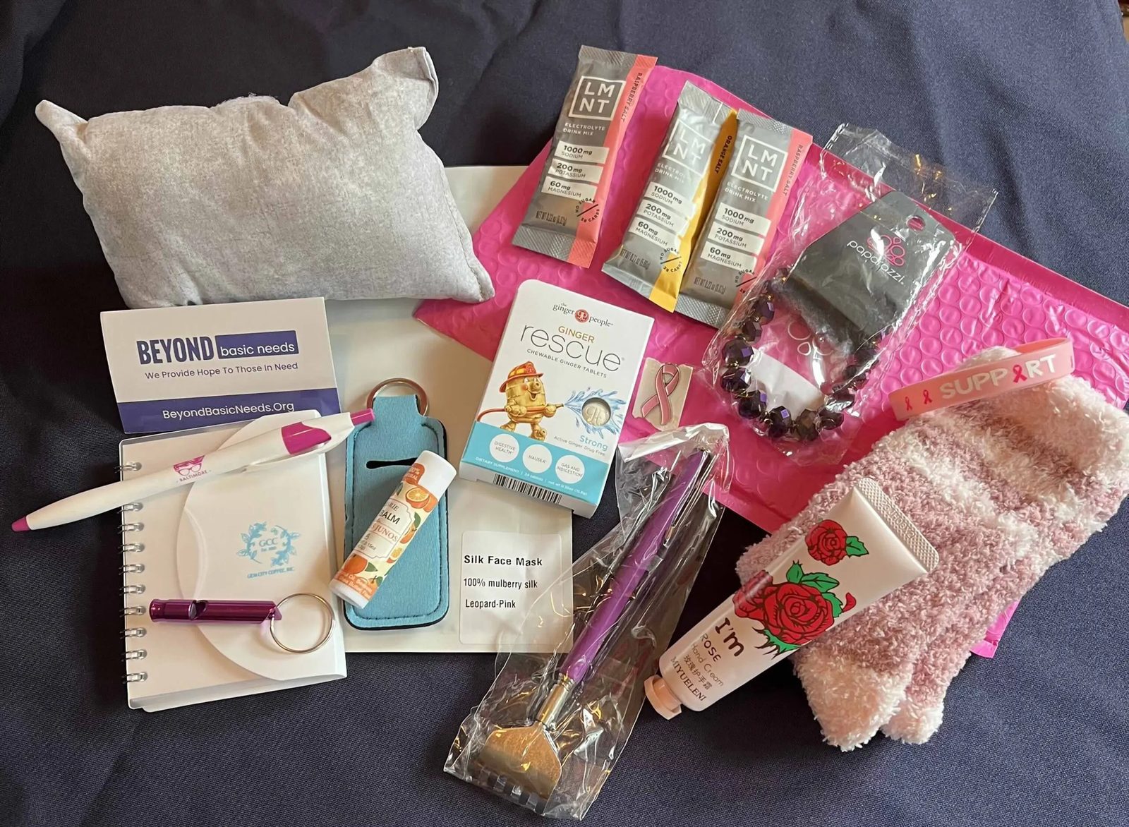 A Beyond Basic Needs Chemo Care Kit packed with comfort items