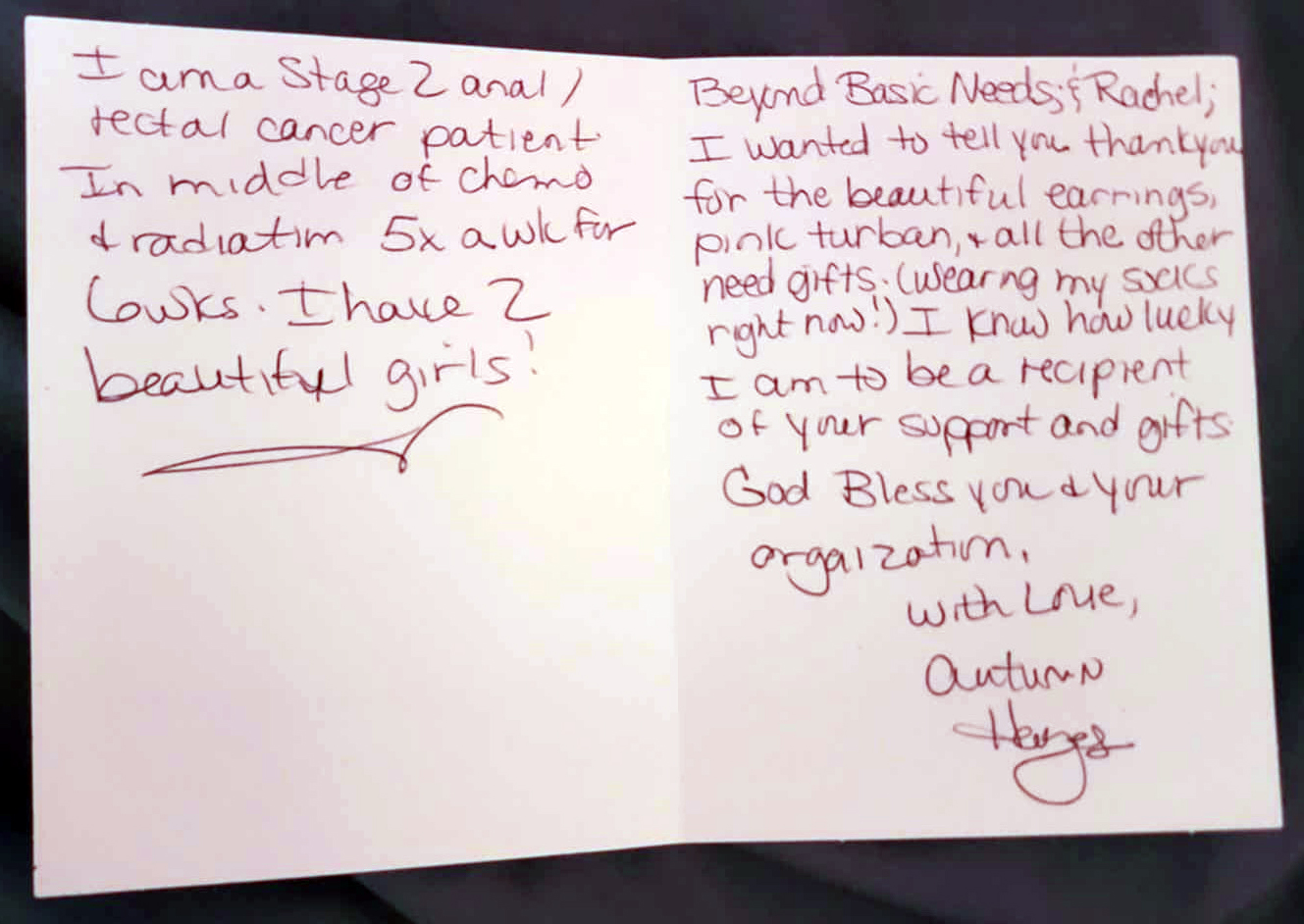 Thank-you note from a Chemo Care Kit recipient