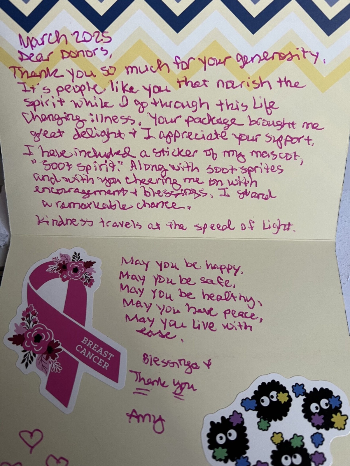 Handwritten thank-you card from a Chemo Care Kit recipient