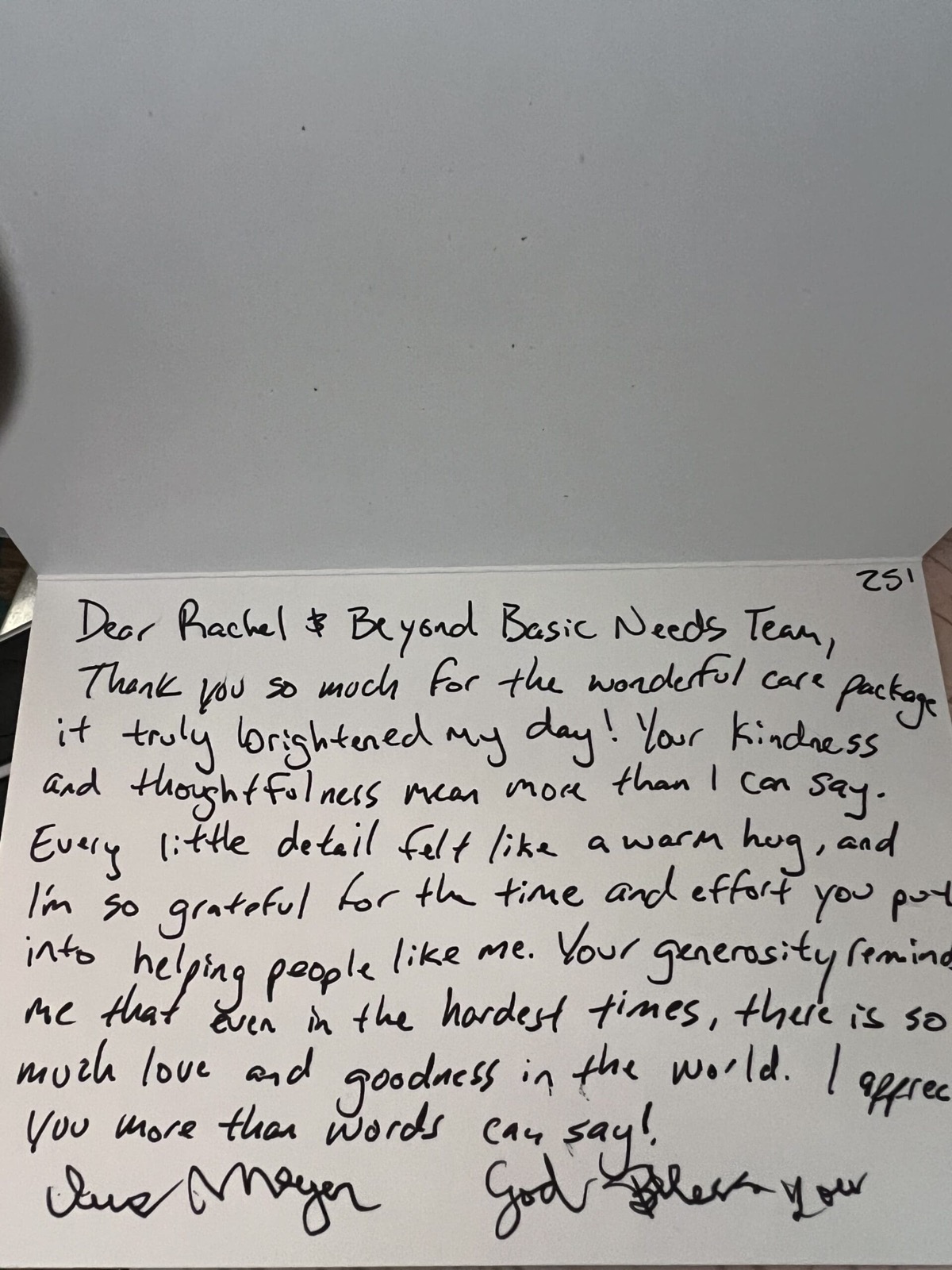 Handwritten thank-you note from a Chemo Care Kit recipient