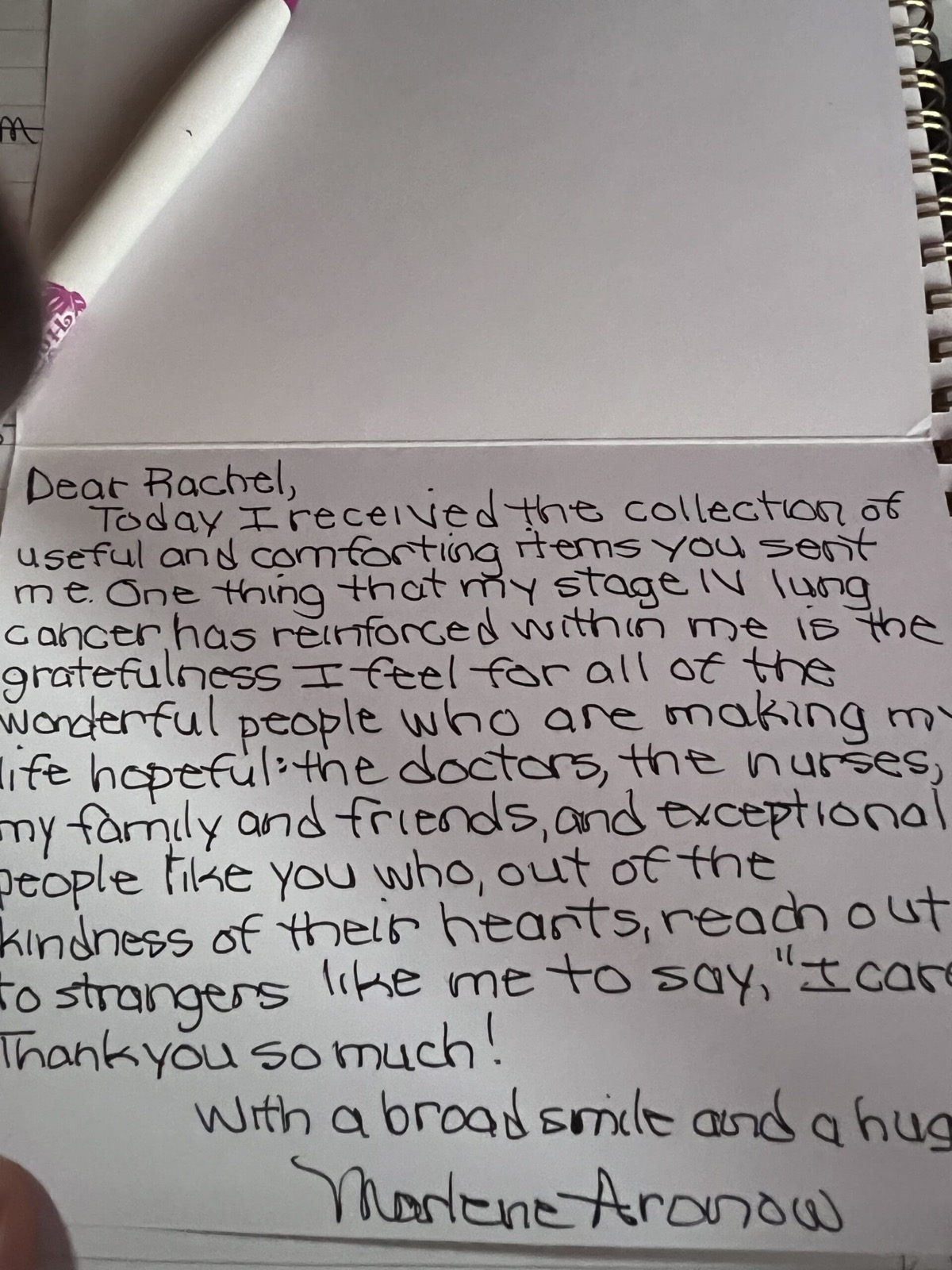 Handwritten thank-you note from a Chemo Care Kit recipient